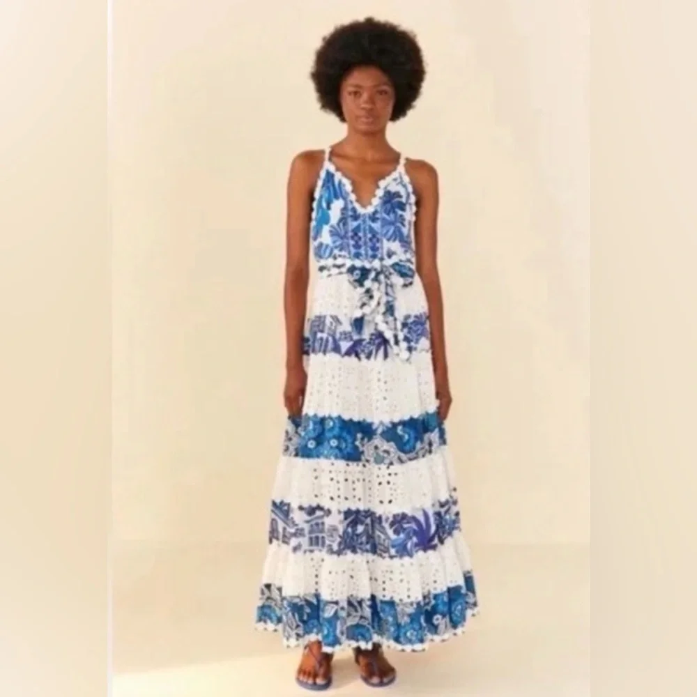 NWT FARM RIO Women’s White and Blue Prints Maxi Dress - XS